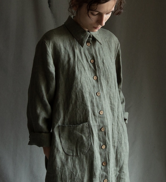 Women's Shirt Dress Forest, Dusty Green Heavy Linen