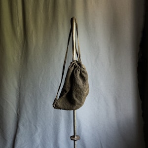Naturally dyed small linen KNAPSACK. Brown flax bag backpack pouch summer rustic grey womens drawstring bag japanese primitive nomad crinkle