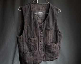 Womens hand dyed cotton vest DROHOBYCH. Grey linen waistcoat vintage antique hand stitched wabi sabi avant garde natural dye raw upcycled