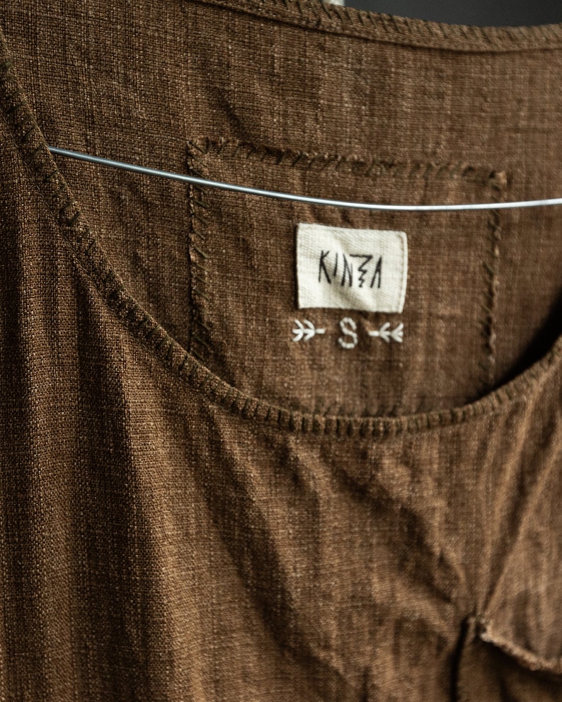 Men's linen t-shirt INK. Men's linen clothing cinnamon brown mustard flax shirt loose hand stitched japanese avant garde orange wrinkled image 5