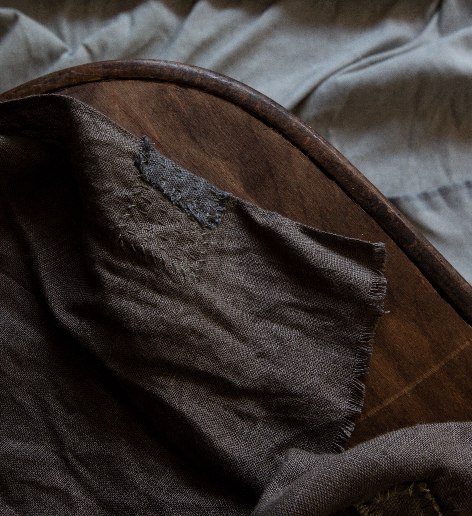 Brown Linen Patched Scarf INSPIRATION. Linen Patchwork Boro