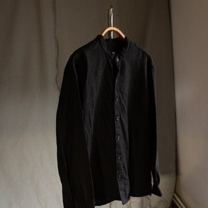 Men's Black Heavy Linen Shirt EARTH With Black Buttons. Man Winter ...
