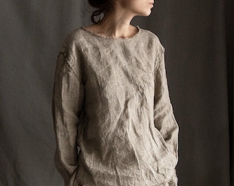 Women&#39;s top NOMAD, natural grey undyed linen sackcloth
