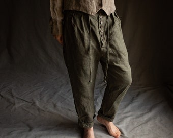Dusty green linen buttoned pants DICKENS. Khaki grey trousers linen womens clothing harem drop crotch cropped pants victorian vintage