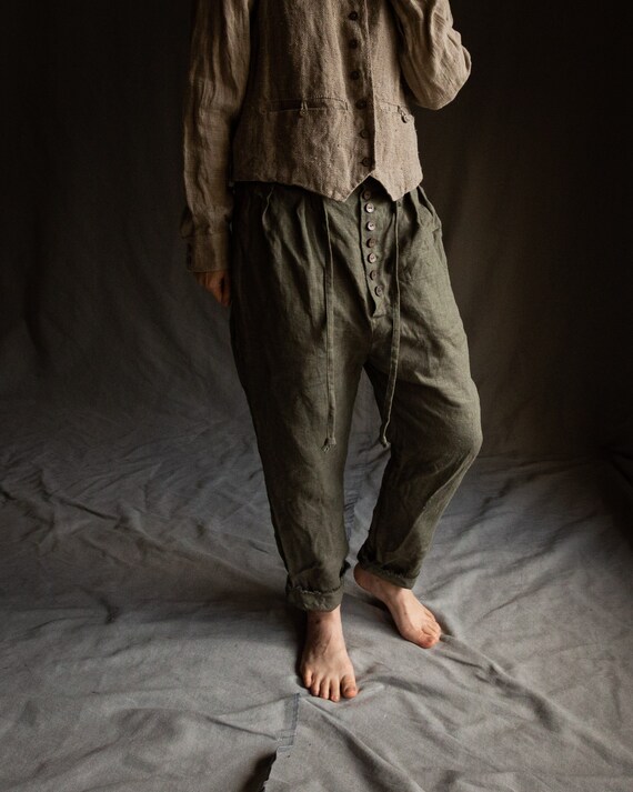 Dusty Green Linen Buttoned Pants DICKENS. Khaki Grey Trousers - Etsy