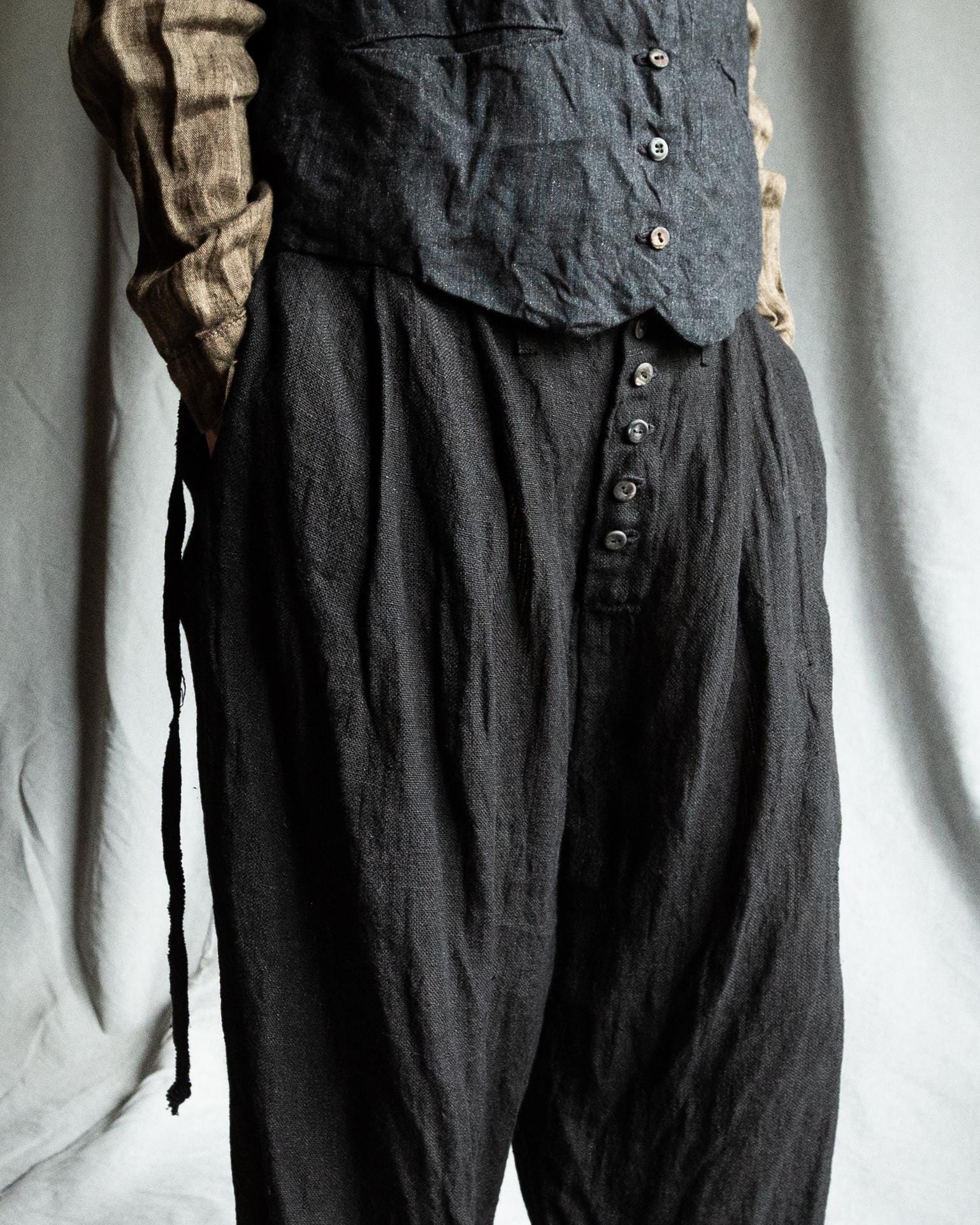 Men's black boiled linen DREAMER'S pants. Buttoned baggy trousers oversized loose linen clothing vintage raw wrinkled japanese victorian