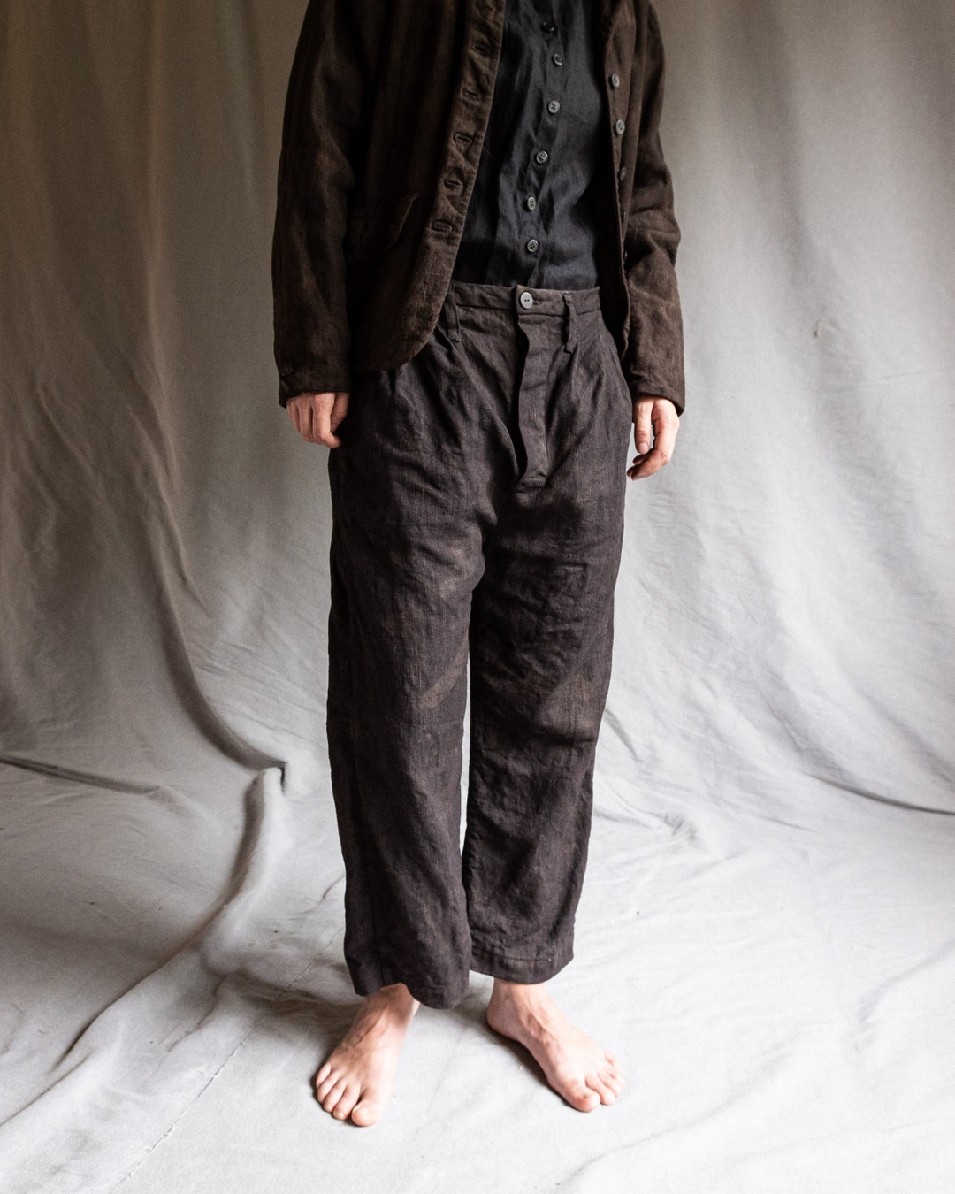 Men's Dark Grey Linen Pants HEMINGWAY. Naturally Dyed Buttoned Trousers ...