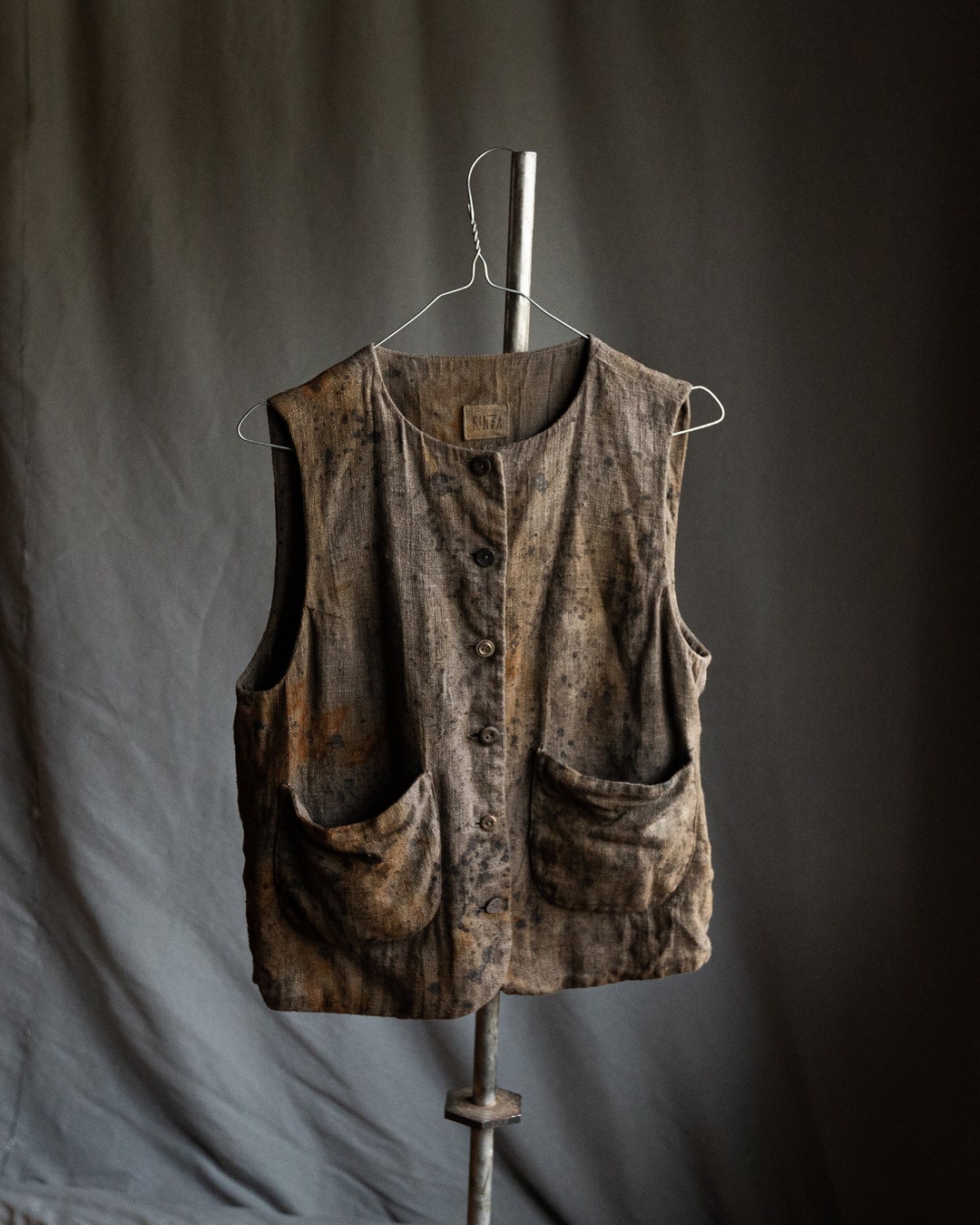 Womens Rusty Linen Vest YOKO. Rust Grey Hand Dyed Splotchy