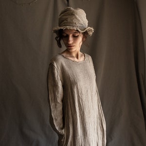 Long natural grey linen dress NOMAD with raw hems and side pockets image 4