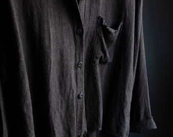 Men's hand dyed grey shirt MELANCHOLY. Crinkled cotton wool mens clothing vintage loose gothic avant garde hand dye stitched wabi sabi