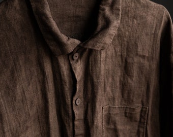 Brown shirt TWILIGHT. Linen womens hand dyed clothing vintage antique hand stitch avant garde natural imperfect ochre earthy wabi sabi ochre