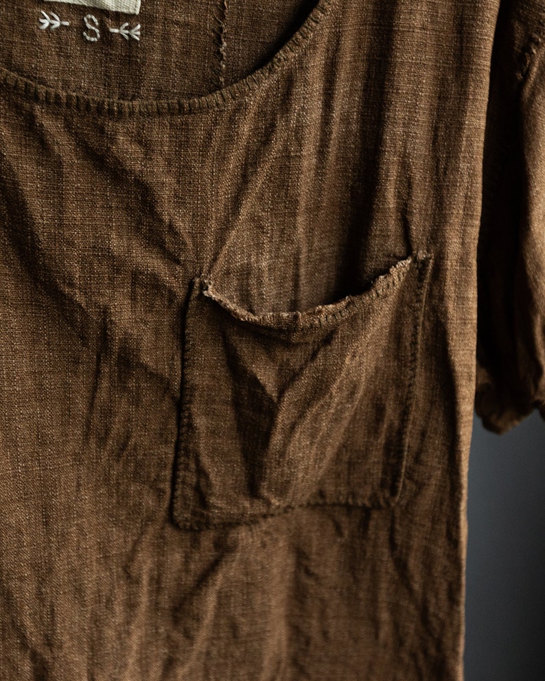 Men's linen t-shirt INK. Men's linen clothing cinnamon brown mustard flax shirt loose hand stitched japanese avant garde orange wrinkled image 4