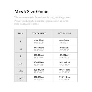 May include: A white size guide for men's clothing, with measurements in inches and centimeters. The table includes sizes S to 3XL, with bust and hip measurements. The text "MEN'S SIZE GUIDE" is at the top.