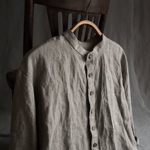 Linen men's shirt EARTH. Linen men's clothing grey shirt for man linen t-shirt loose linen shirt buttoned pure flax undyed rustic vintage