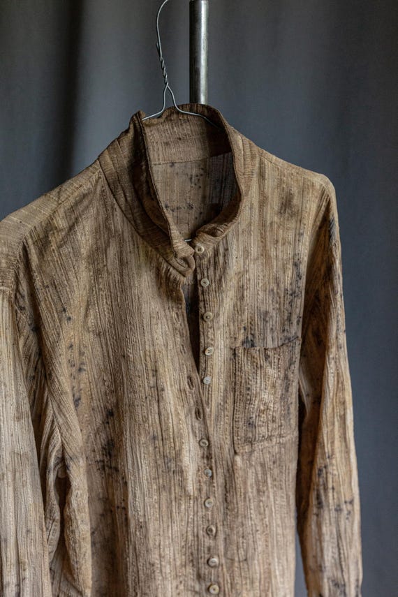 Men's shirt TWILIGHT, crinkled cotton, aged, naturally dyed into splotchy beige-brownish