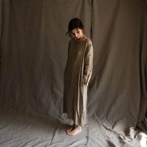 Long natural grey linen dress NOMAD with raw hems and side pockets image 6