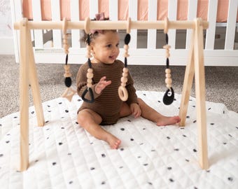 Wooden Play Gym Set – Montessori Gym Arch with Sensory Toys & Play Mat
