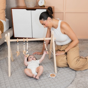 Baby Toys Montessori Toys Baby Play Gym Sensory Toy Modern Nursery Wooden Baby Gym Gender Reveal Gift Age 0-12 Months Baby Gift Gray & Wood