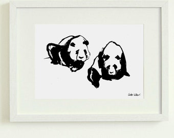 Classy Minimalist Black & White Ink Drawing Digital Fine Art Print of Two Panda Bears