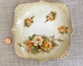 Square Pale Moss Green Plate with Yellow and Peach Roses and Gold Edging