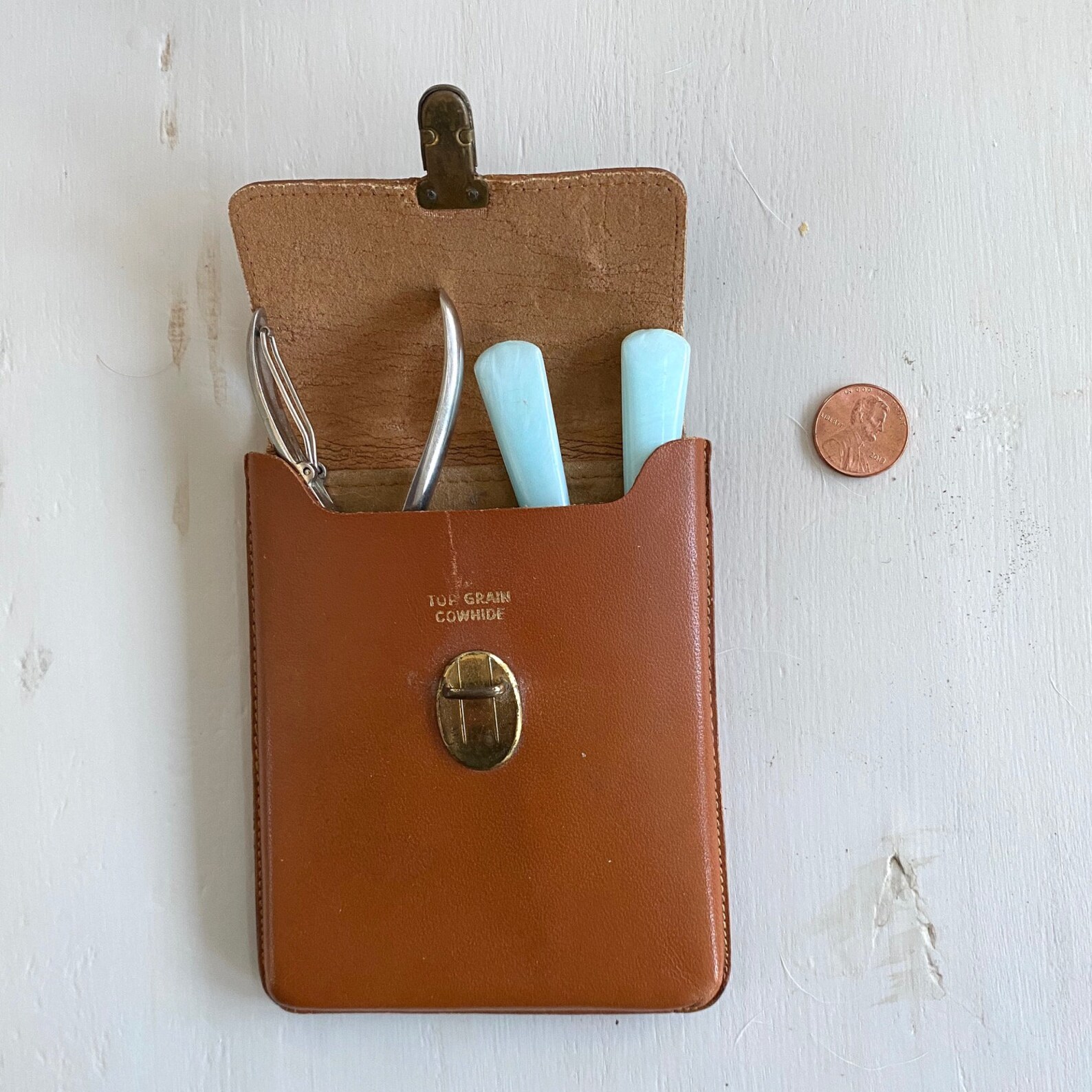 Vintage Manicure Set Brown Leather Case Tools with Pearlized | Etsy
