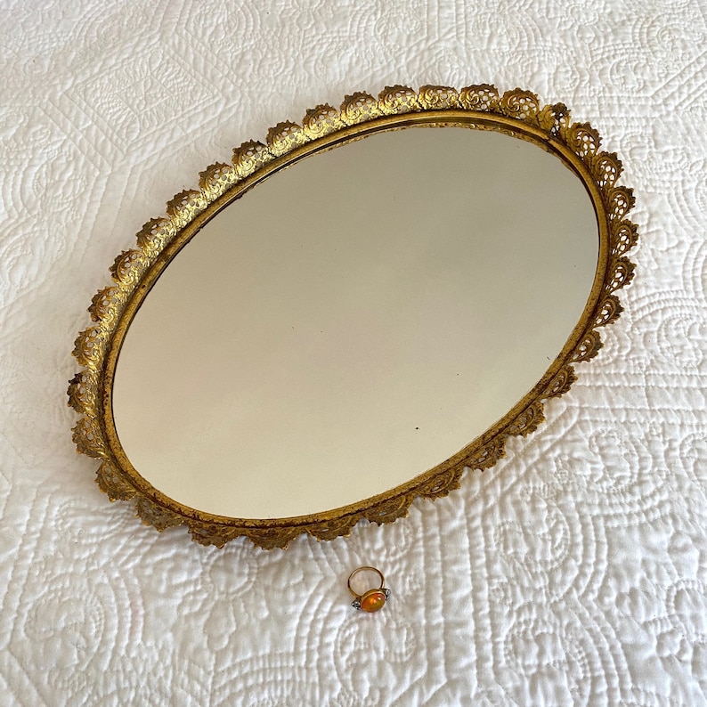 Vintage Oval Mirror Vanity Tray with Gold Tone Filigree Edge Etsy