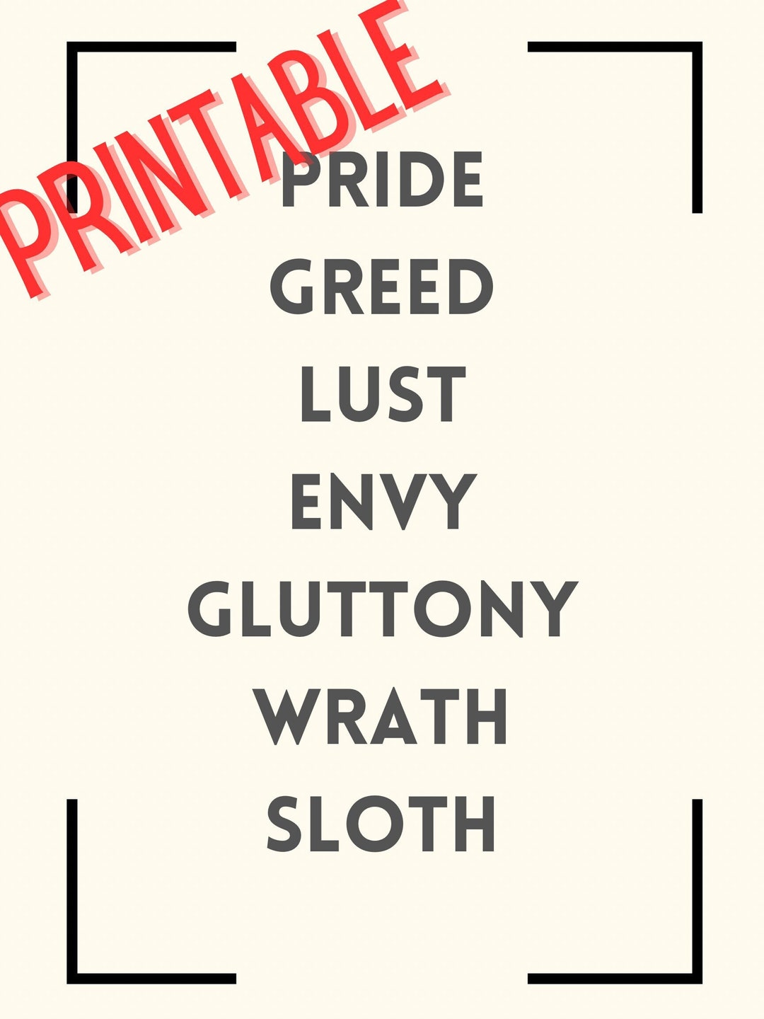 7 Deadly Sins Printable - Etsy