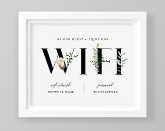 WIFI Sign Printable, INSTANT DOWNLOAD, Editable Template, Wifi Password, Greenery Guest Room Internet Sign, Templett, 5x7, 8x10 #104WF