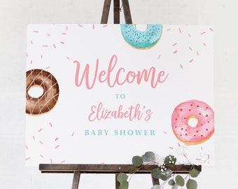 Donut Willkommensschild Vorlage, druckbare Babyparty / Bridal Shower Willkommensschild, Donut Geburtstag, bearbeitbar, Instant Download, Templett #083LS
