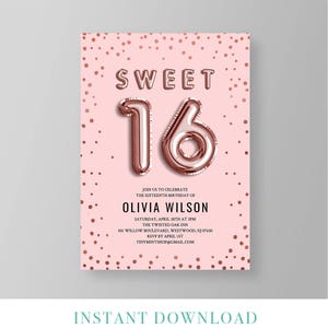 Sweet Sixteen Invitation, Sweet 16 Birthday Invite, INSTANT DOWNLOAD, Editable Template, Printable, Girls 16th Birthday, Rose Gold 051GBD image 1