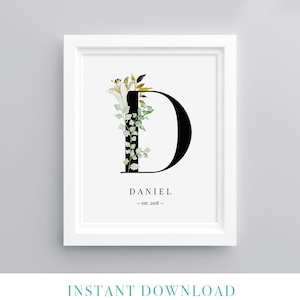 Arte imprimible con monograma, letra D, apellido editable, impresión con nombre de bebé, regalo de inauguración, decoración de pared personalizada, descarga instantánea #068WA