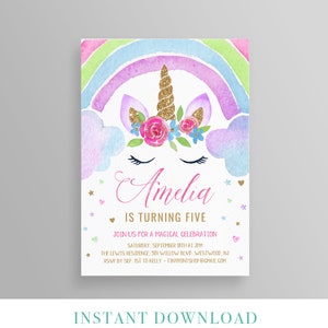 Unicorn Birthday Invitation, INSTANT DOWNLOAD, Rainbow Unicorn Party Invite, Glitter Unicorn Face, Fully Editable Template, Templett #050GBD