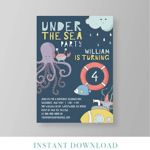 Under the Sea Birthday Party Invitation Template Printable Pool Party Invite Boy or Girl 100% Editable Instant Download, DIY 024BBD image 1