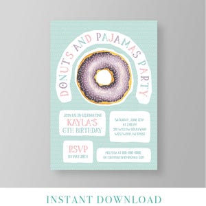 Donuts and Pajamas Birthday Invitation Template, Printable Girls Birthday, Pajama Party Invite, Instant Download, 100% Editable, DIY 021GBD image 1