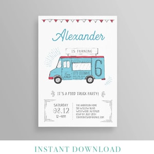 Może przedstawiać: Zaproszenie na imprezę z food truckiem dla 6-letniego chłopca o imieniu Aleksander. Zaproszenie przedstawia kreskówkowy food truck z tekstem "Come Hungry, Let's Celebrate, Enjoy Food, Music & Loads of Fun". Zaproszenie zawiera datę, godzinę i miejsce imprezy.