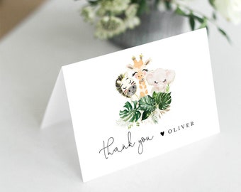 Baby Animals Thank You Card Template, Printable Safari Birthday, Jungle, Folded & Flat Card, Editable, INSTANT DOWNLOAD, Templett #118TYC