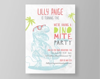 Girl Dinosaur Birthday Invitation Template | Cool Surfer Dino Party Invite | Printable | Instant Download | 100% Editable | Templett #043GBD