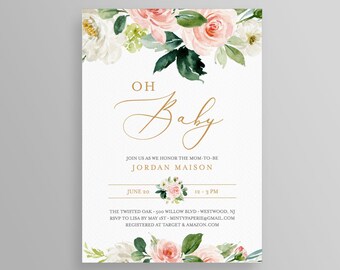 Baby Shower Invitation Template, INSTANT DOWNLOAD, 100% Editable Text, Oh Baby Shower Invite, DIY, Blush & Greenery Floral, Templett #079BS2