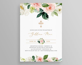 Girl Baptism Invitation Template, Printable Christening Invite, INSTANT DOWNLOAD, 100% Editable Text, Floral Greenery &Gold Cross DIY #079BC