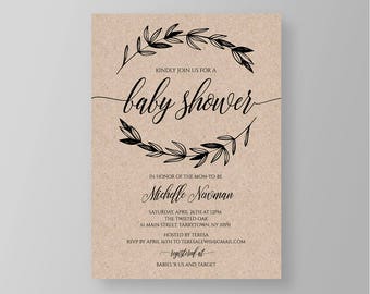 Baby Shower Invitation Template, Rustic Laurels, Printable Gender Neutral Baby Shower Invite, Editable, Instant Download, Templett #017BS