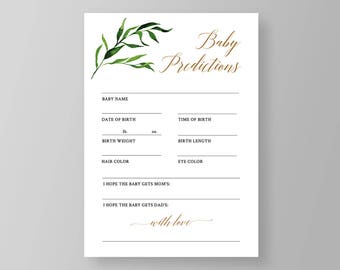 Baby Predictions Card, Greenery, Watercolor, Baby Shower Games, Gender Neutral, Printable, Instant Download, 100% Editable, Templett #067PR