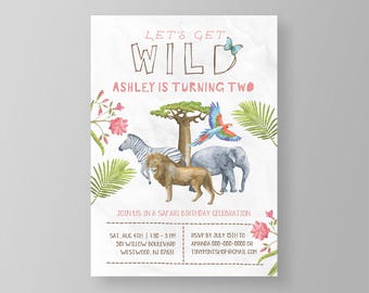 Wild Safari Birthday Invitation Template, Printable Girl Birthday Party Invite, Jungle Zoo Animal, Instant Download, 100% Editable #023GBD