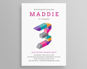 3rd Birthday Party Invitation | Printable Master Builder Invite | Building Bricks | Editable Template | Instant Download | Boy or Girl #037