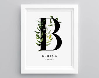 Letter B Printable Wedding  1st Anniversary Gift 8x10 #068WA Family Monogram Wall Art Personalized Surname Poster Instant Download