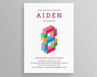 INSTANT DOWNLOAD, Brick Birthday Invitation Template, Editable Block Party Invite, Printable Boy or Girl 8th Birthday, Building Blocks #037