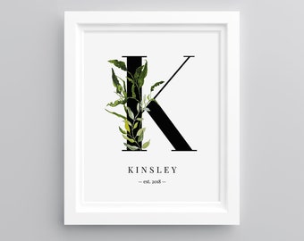 Greenery Monogram Sign, Baby Room Decor, Baby Name Art, New Baby Gift Personalized, Instant Download, Printable Wall Art, Letter K  #068WA