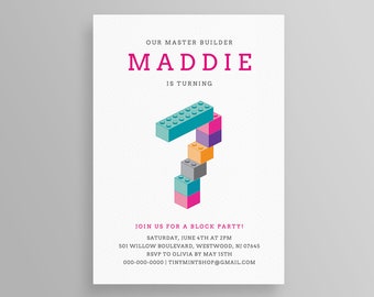 7th Birthday Party Invitation, INSTANT DOWNLOAD, Printable Brick Birthday Invite, Building Blocks, Editable Template, Boy or Girl #037