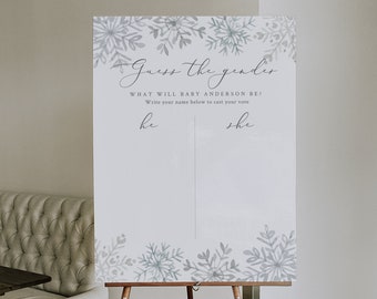 May include: A white gender reveal sign with a blue snowflake design. The sign says "Guess the gender" and "What will baby Anderson be?" with the options "he" and "she" for guests to write their names below.