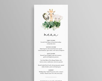 Safari Party Menu Card, Cute Baby Animals Menu Template, Printable Dinner Menu, 100% Editable Template, Instant Download, Templett #118ME