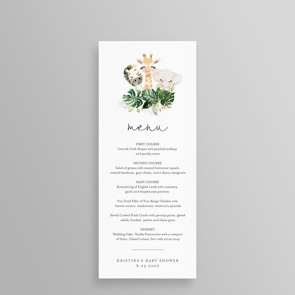 Safari Party Menu Card, Cute Baby Animals Menu Template, Printable Dinner Menu, 100% Editable Template, Instant Download, Templett #118ME